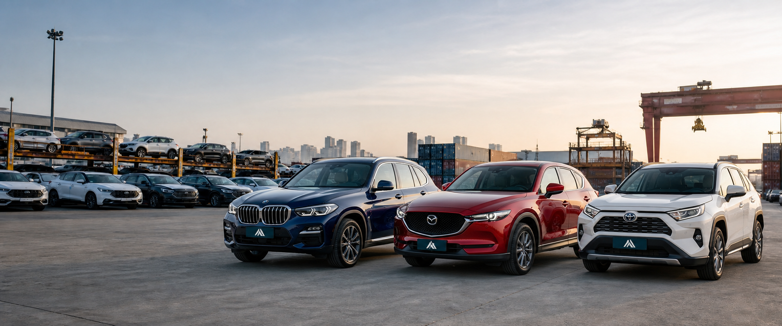 BMW, Mazda, and Toyota vehicles prepared for export from China