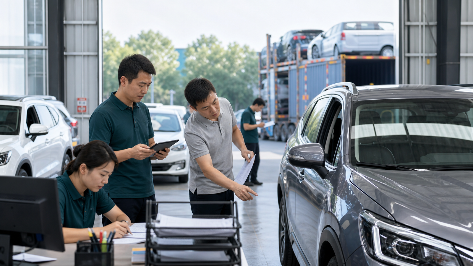 AutoExHub team inspecting a vehicle for export in Zhengzhou, China